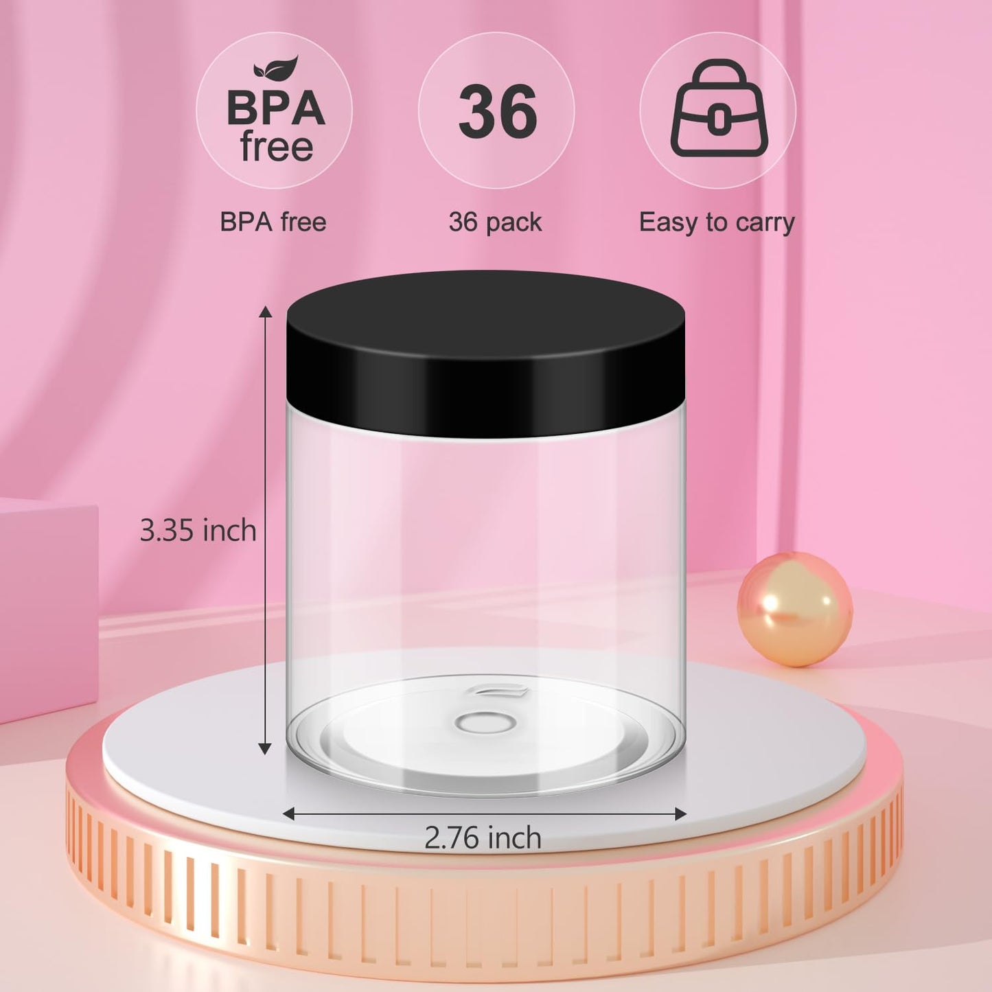 Loretoy 36 Pack 8 OZ Household Plastic Jars with Lids, BPA Free, Reusable, Refillable Transparent Cosmetic Containers for Bath Salts, Cosmetics, Powders, Beauty Product and Small Accessories, Black