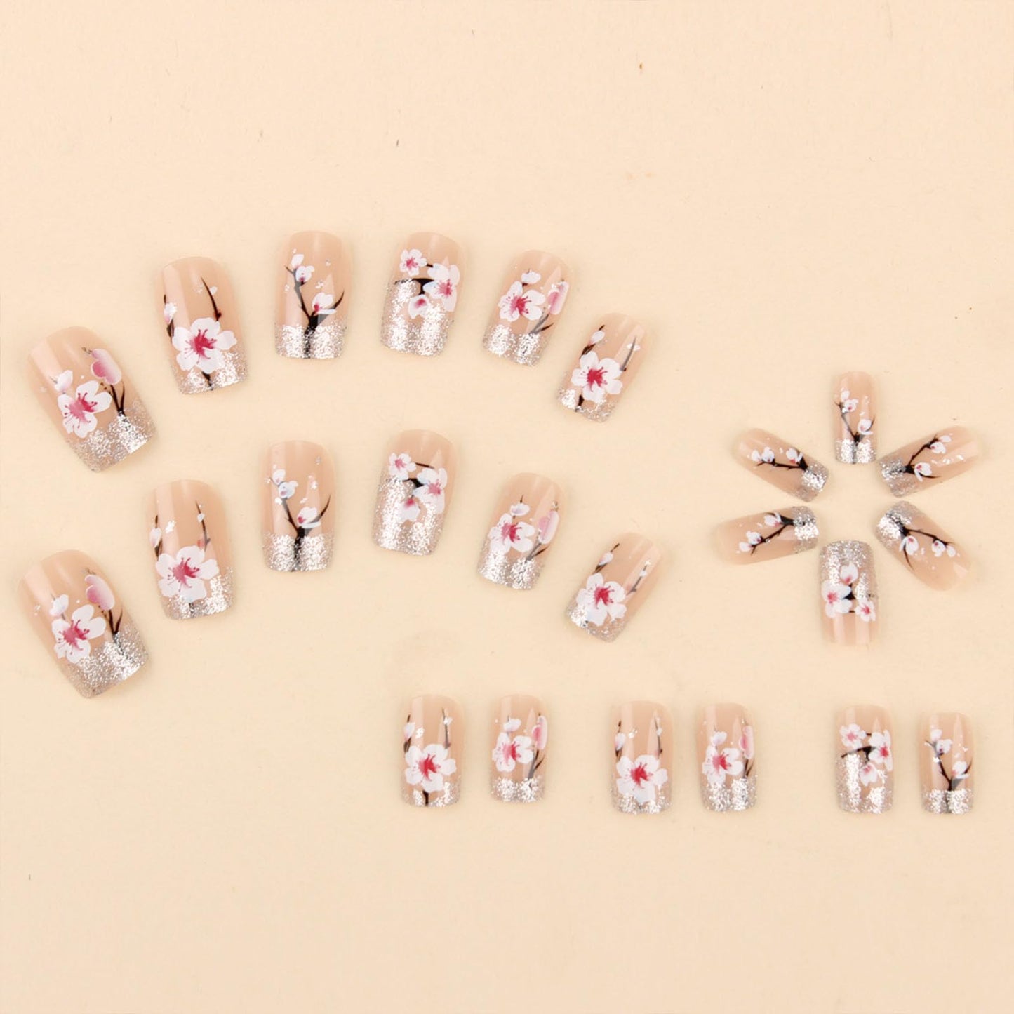 French Tip Press on Nails Square Medium Fake Nails with White Flower Black Lines Silver Glitter Designs Glossy Glue on Nails Nude Nails Press ons Acrylic Artificial Stick on Nails for Women 24Pcs