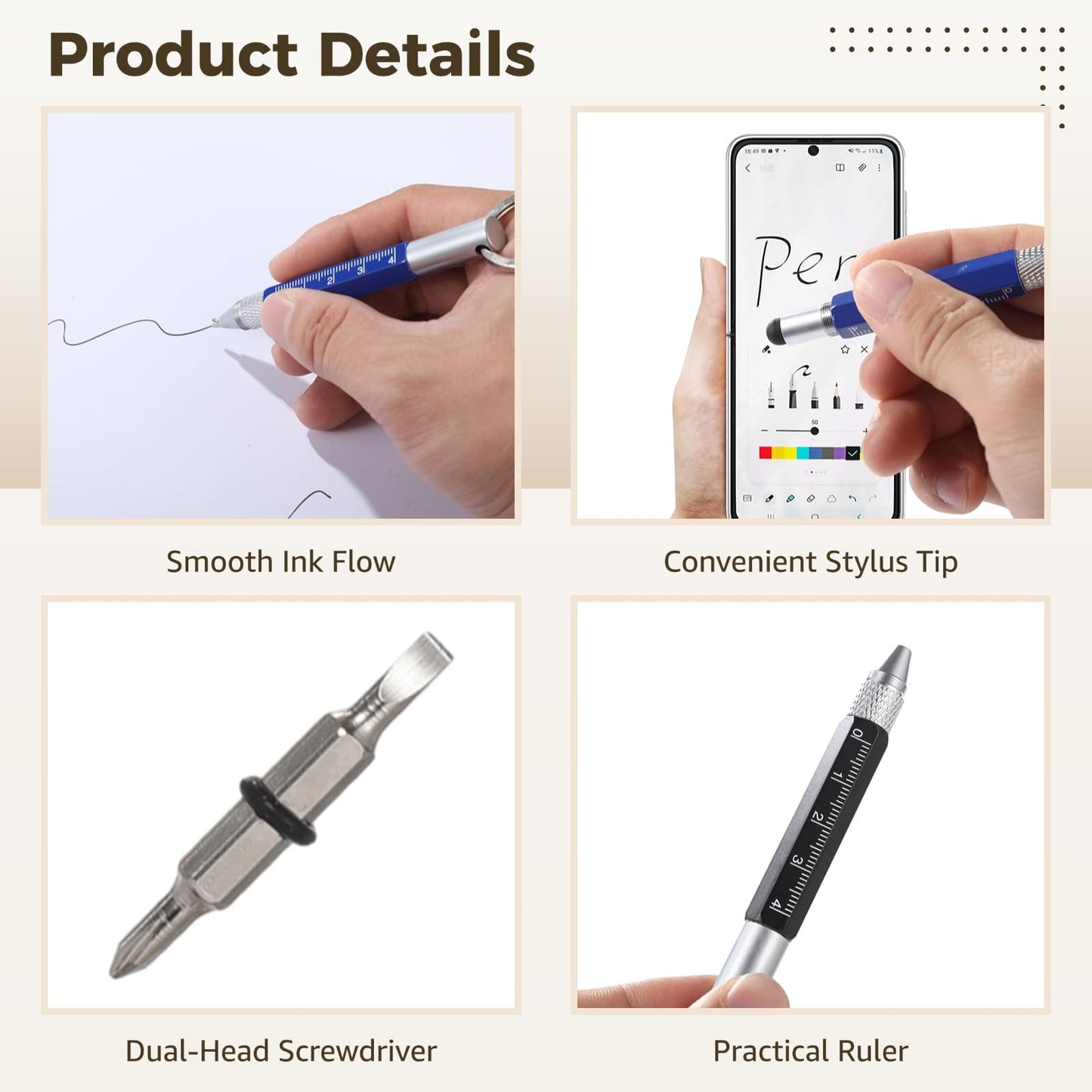 OMISTAR 8 PCS 6-in-1 Multitool Pen Keychain, Metal Ballpoint Tool Pen with Ruler, Stylus, Phillips and Flathead Screwdrivers, Pocket Tool Pens for Office, Construction, DIY, Present for Men