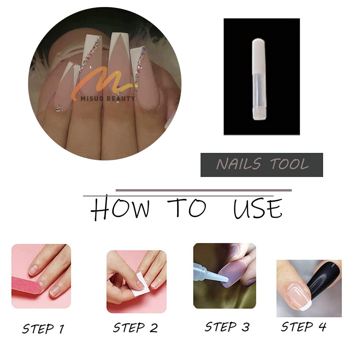 MISUD Press on Nails - Long Coffin Glue on Nails with White French Tip, Acrylic Rhinestone Design 24 pcs