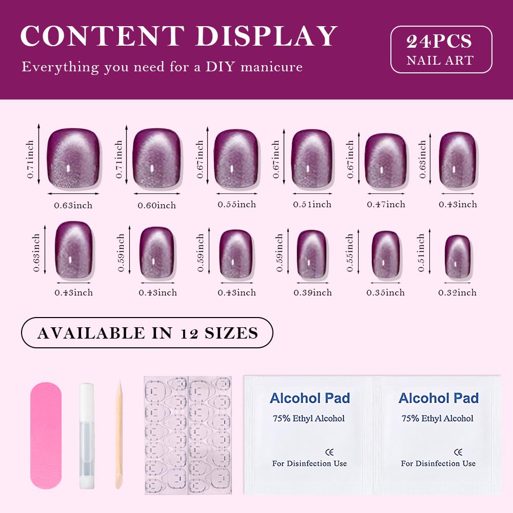 evpct Purple Cat Eye Short Press on Nails Square, Petite Short Square Glossy Nails with Designs for Women, Light Lavender Purple Stick on Glitter Reusable Gel Press on Acrylic Fake Nail Holographic