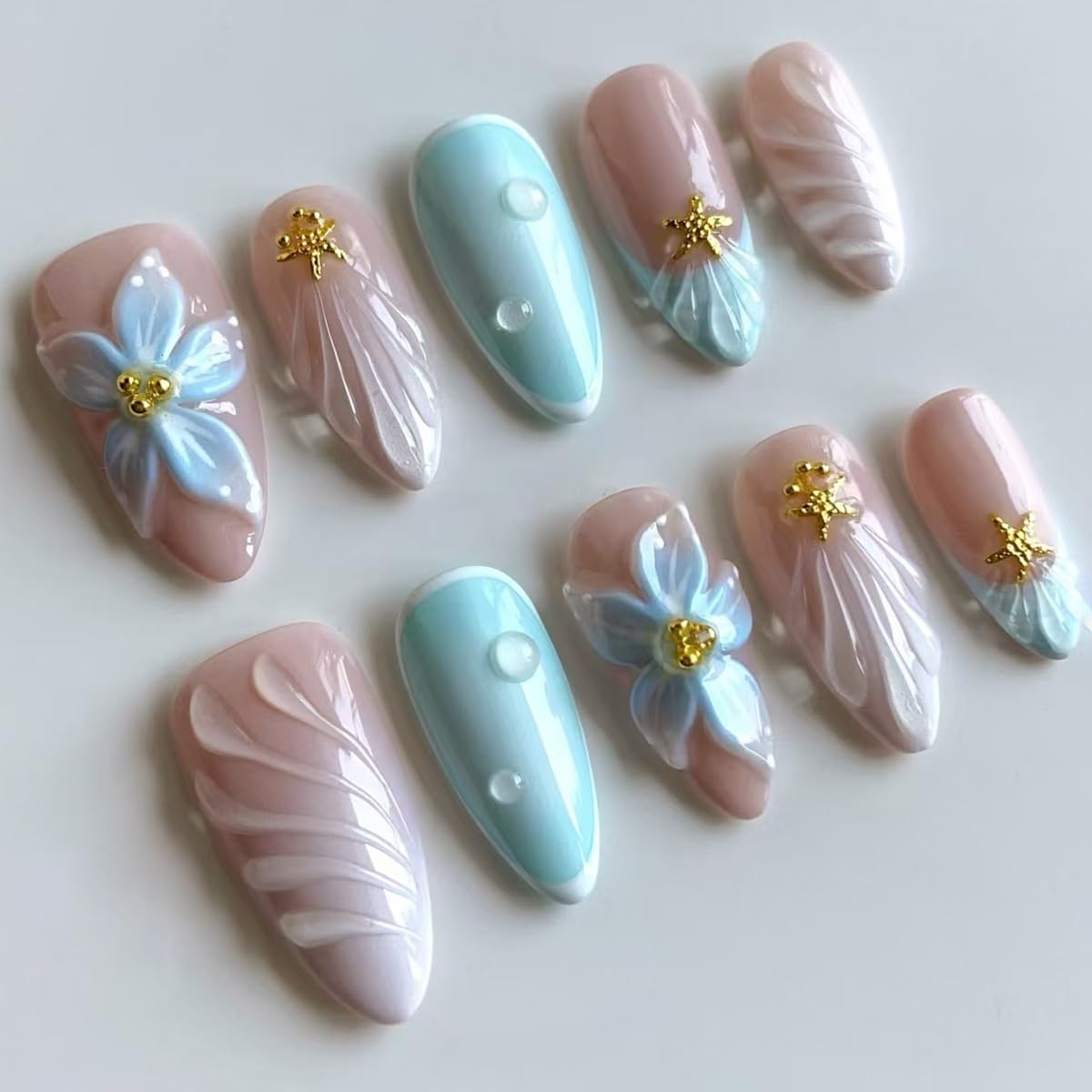 Mkwntg 24Pcs Blue Summer Press on Nails Medium Almond Fake Nails with 3D Gold Beads Starfish Design Ocean Beach French Tip Acrylic False Nails Spring Flower Full Cover Stick on Nails for Women Decor