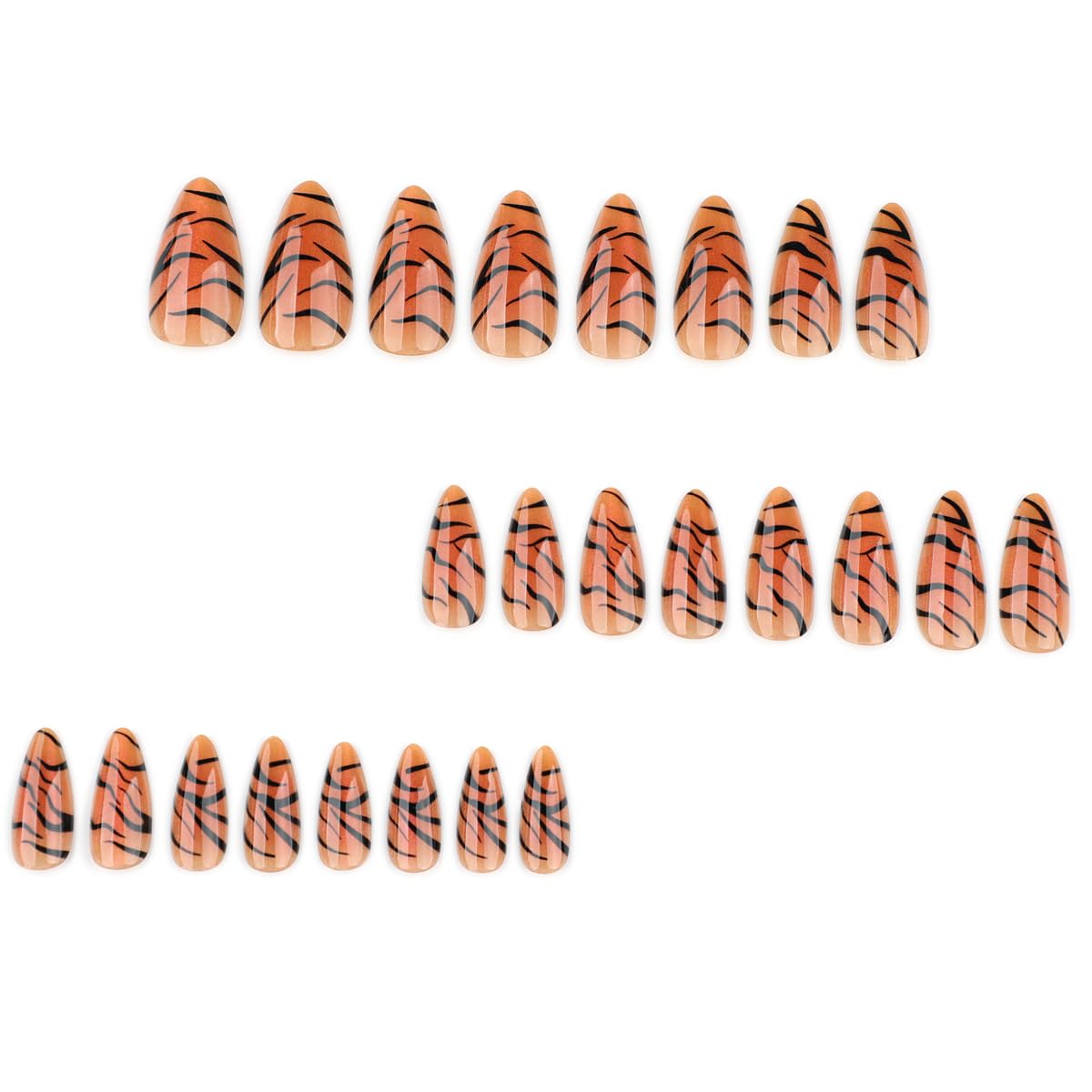 Tiger Print Press on Nails Medium Almond Fake Nails with Design Full Cover Glue on Nails for Women Manicure,Reusable | Nail Sticky Tabs | Easy Apply | 24Pcs