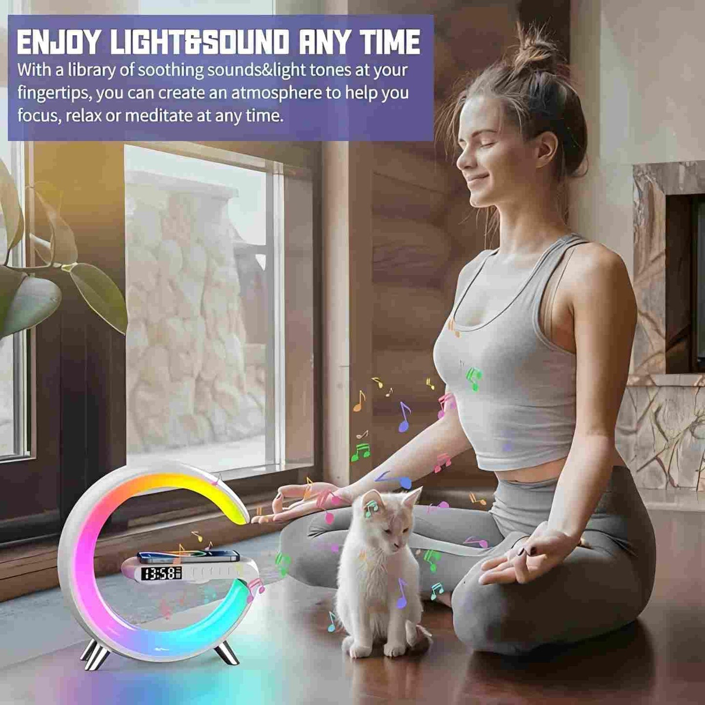 BKDRL Bluetooth Speaker Lamp with Wireless Charger, RGB Night Light, Alarm Clock, App Control - White