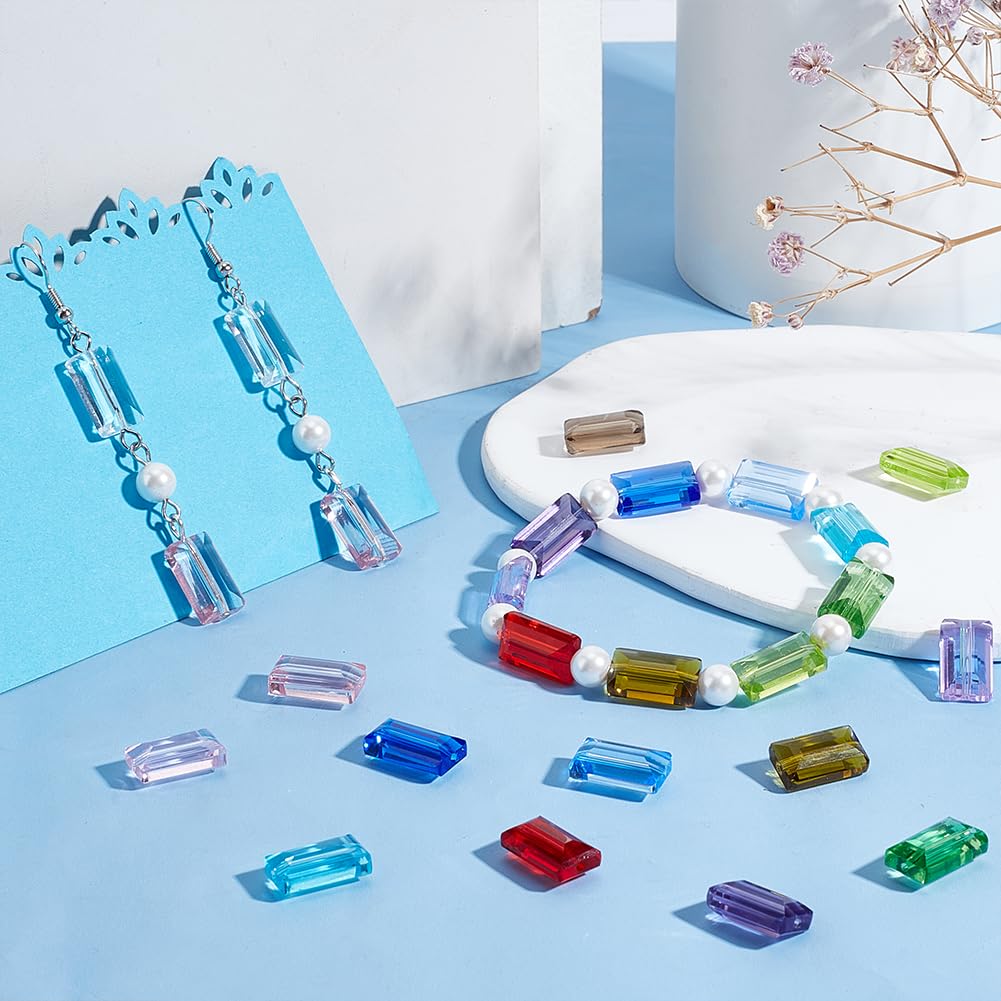 PH PandaHall 52pcs 13 Colors Faceted Glass Beads - Flat Rectangle Crystal Spacer Beads for DIY Jewelry Making, 14x8 mm
