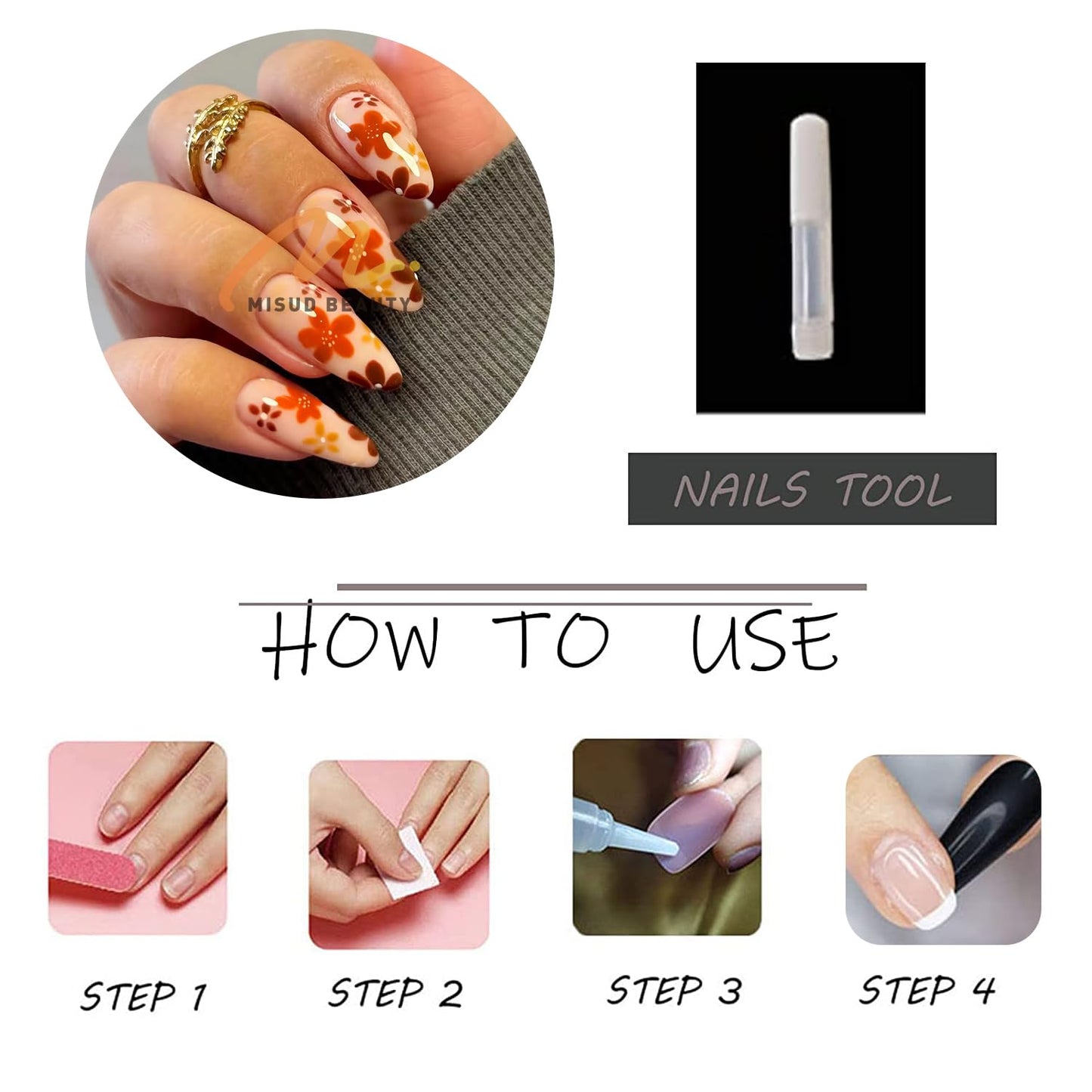 MISUD Press on Nails - Medium Almond Glue on Nails with Fall Brown, Acrylic Autumn Flower Design 24 pcs
