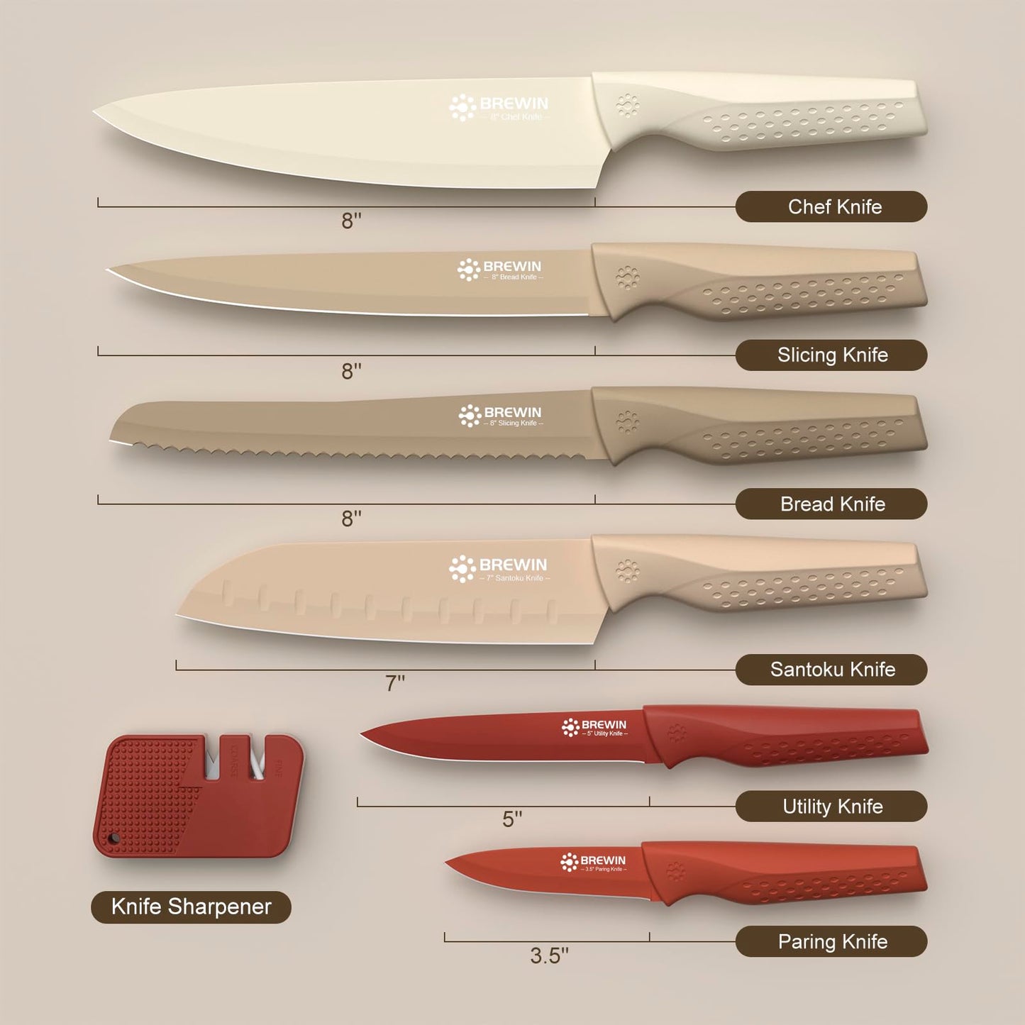 Brewin Knife set, 13 Pieces Kitchen Knives Set with Sharpener, Anti-Rust Coating and Blade Guard, Home Essentials, Camping Essentials - Muliticolor