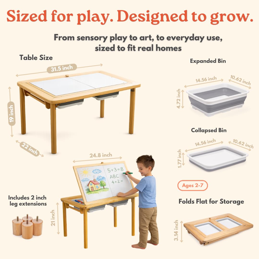 Mama Bear Educational Montessori Sensory Table & Art Easel for Kids & Toddlers | Folding Extendable Legs & Storage Bins, Magnetic Boards & Tiles, Light Box Included | Space-Saving Indoor/Outdoor Play