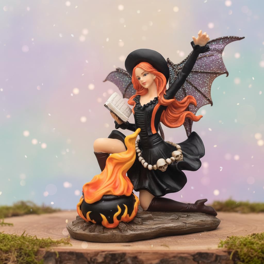 Comfy Hour 9" Gothic Fairy Witch Figurine with Owl and Cauldron, Fantasy Sorceress Reading Book Statue, Mystical Halloween Indoor Decor Accent, Polyresin Artisan Crafted Sculpture, 1 Unit