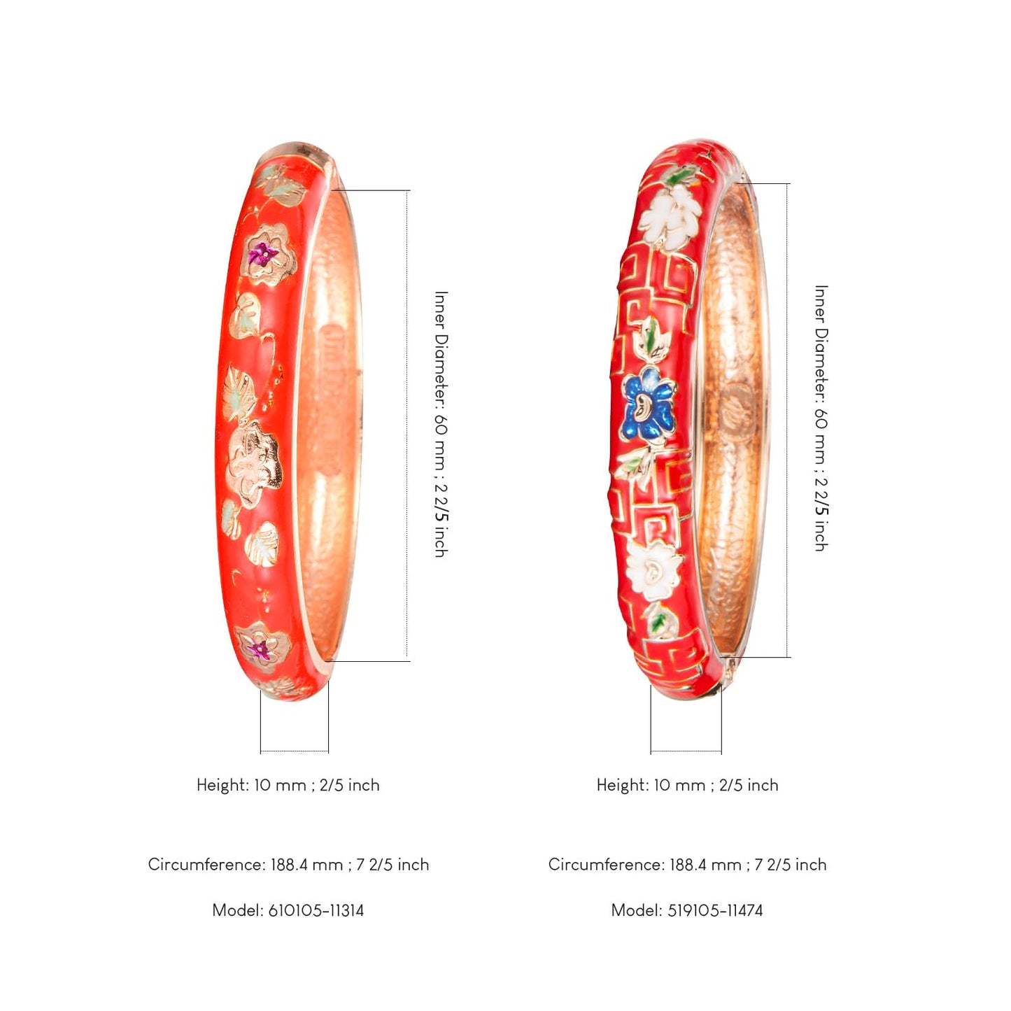 UJOY Bangles Bracelets Gorgeous Enameled Flower Cloisonne Plated Indian Jewelry Sets Box for Womens Gift 55A87-55A114 red