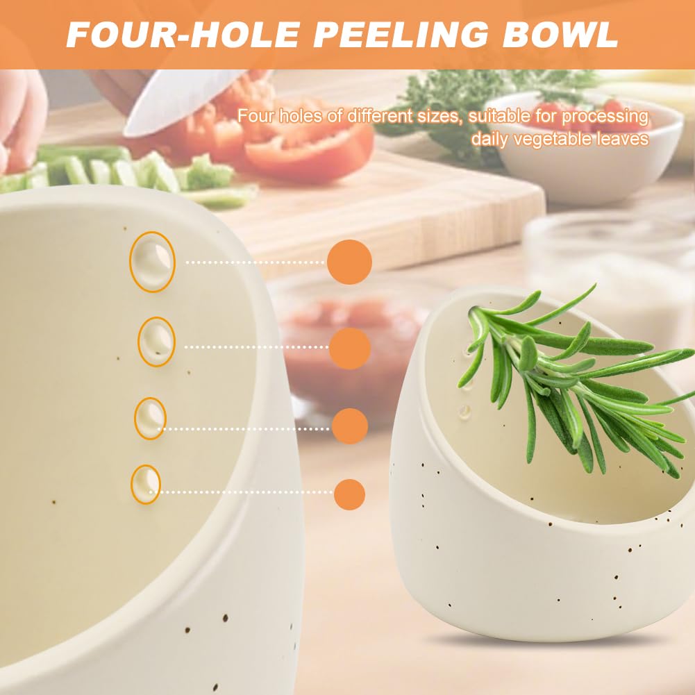 Herb Stripper Bowl, Handmade Ceramic Herb Stripper, Pottery Kitchen Efficient Leaf Removal Tool Available in Different Hole Sizes for Peeling the Stemmed Leaves(Color:White)