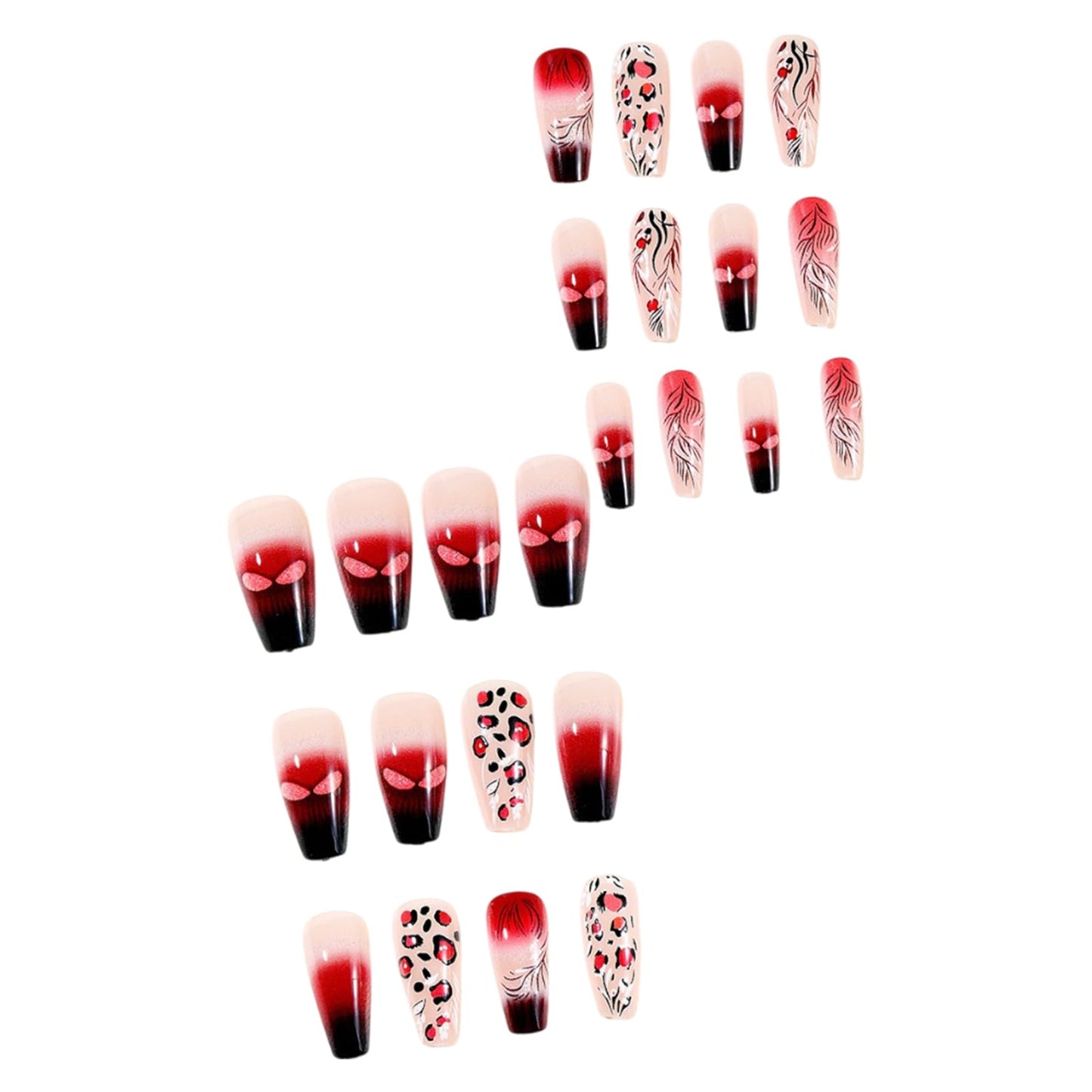 Leopard Print Press on Nails Red Black Gradient Fake Nails Ballerina Square Acrylic False Nails Plant Lines Glossy Reusable Stick on Nail for Women DIY Manicure Decoration 24 Pcs