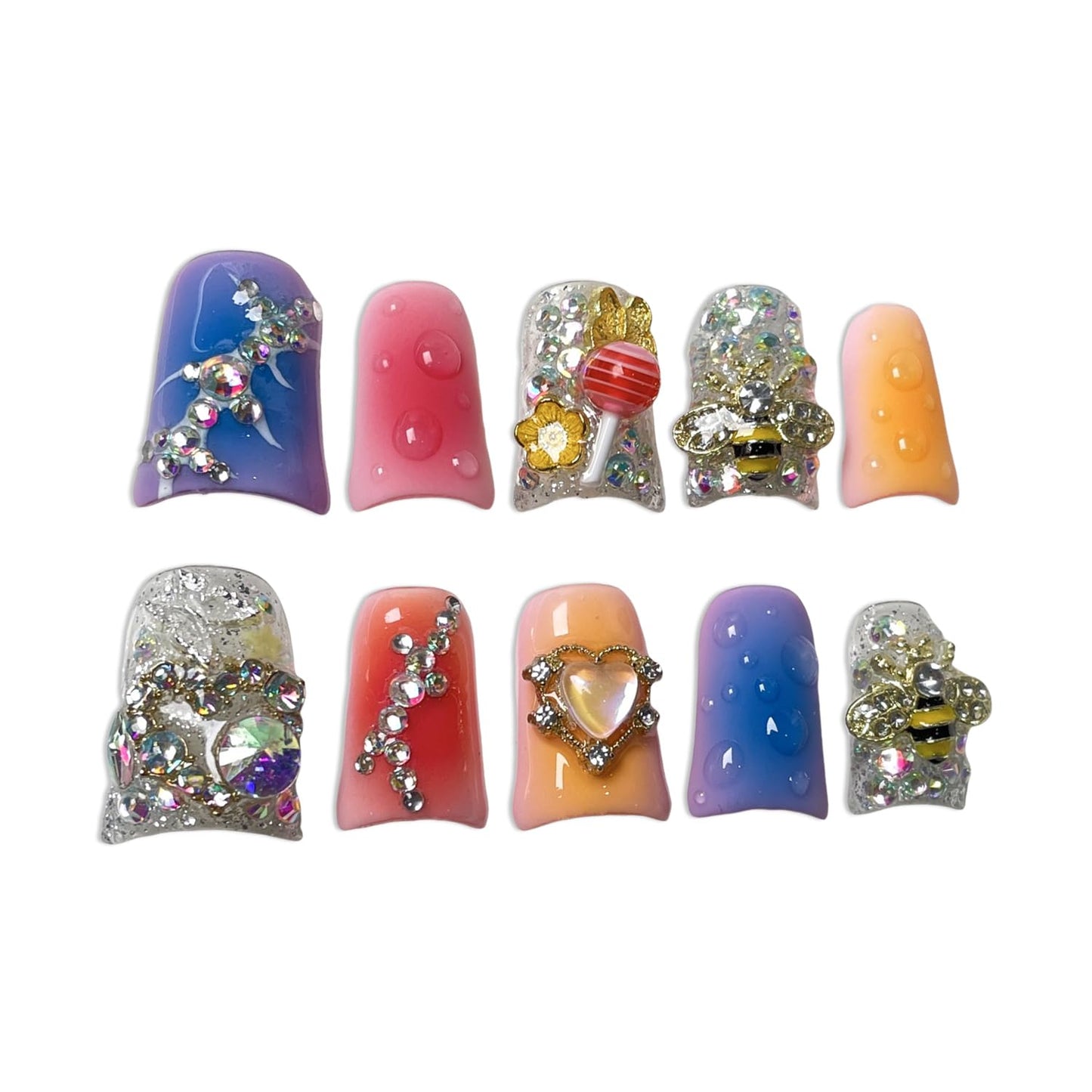 Gradient Press on Nails Luxury Handmade Fake Nail 3D Lollipop & Rhinetone Bee Design False Nails with Designs Heart Flower Press on Nails Muti-Layer Gel Thick Acrylic Nail for Women (Size M)