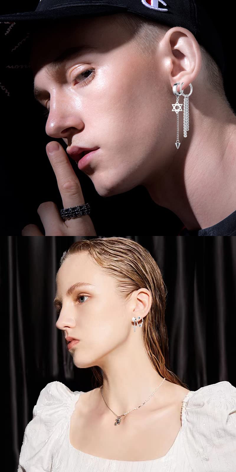 14 Pcs Silver Goth Stainless Steel Non Pierced Fake Piercing Cross Feather Spike Awl Star of David Dangle Tassel Clip on Hoop Earrings Set Jewelry for Unisex