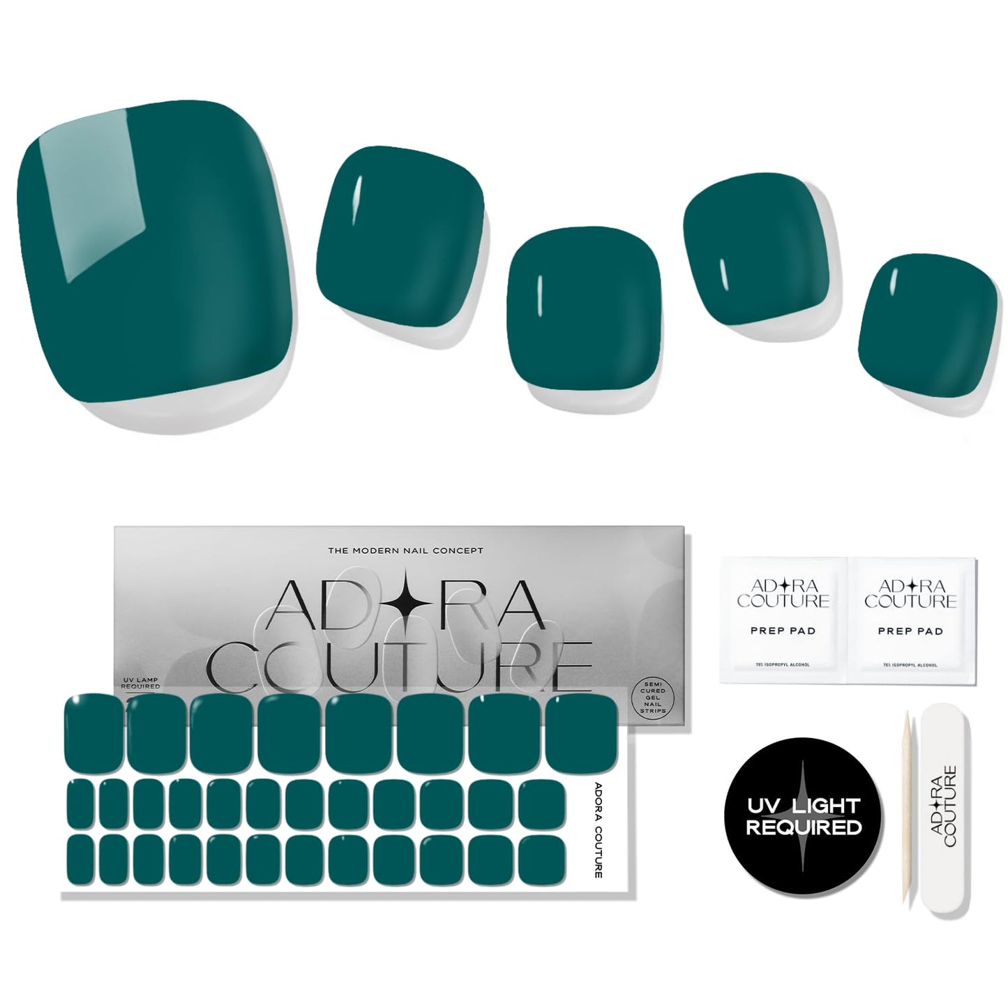 Semi Cured Gel Nail Strips – 32 Pcs Gel Pedicure Stickers - UV Nail Wraps for Toenails, Easy Application, Long Lasting, Salon Quality & UV Light Required - Teal P