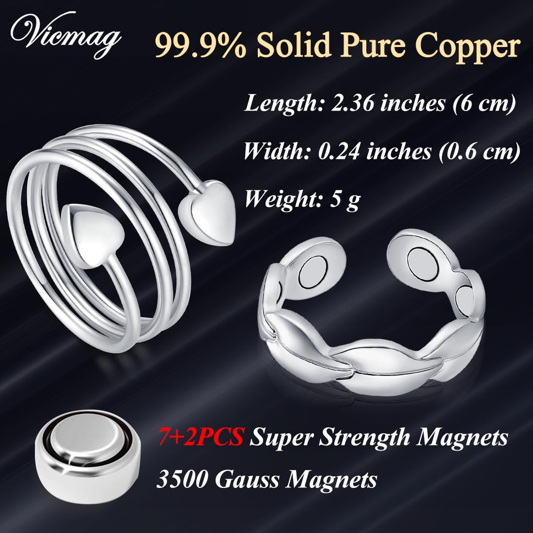 Vicmag Copper Magnetic Ring for Women, Copper Ring Ladies Fingers Thumb Jewelry Gift Adjustable (Love+Leave Silver)
