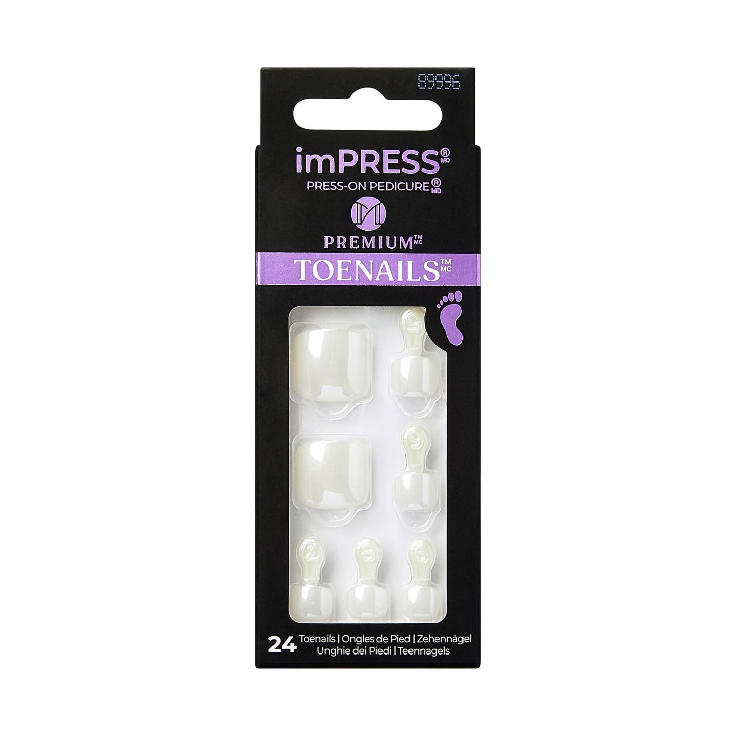 KISS imPRESS Premium No Glue Pedi Press-On Toenails, Sparkling White, Pearl, Squoval Shape, Includes 24 Nails, Prep Pad, 1 Manicure Stick, 1 Mini File