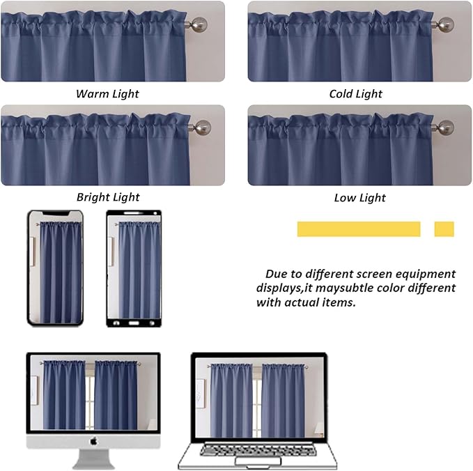 Chyhomenyc Bennet 2 Panels Blue Kitchen Curtains 36 Inch Length Tier Curtain, Faux Linen Textured Small Cafe Curtain, Light Filtering Short Window Curtains for Bathroom Basement, 30x36 inch