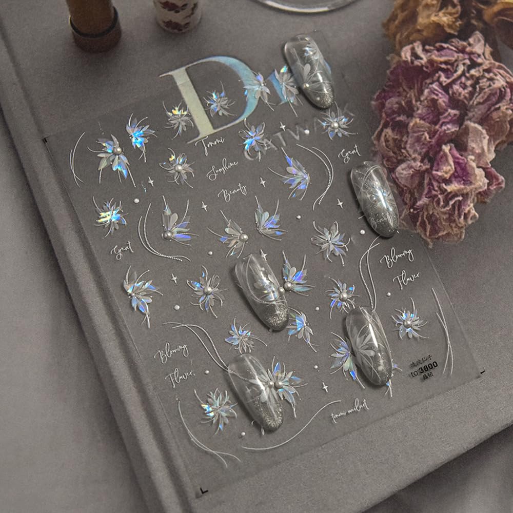Fairy Pearled Nail Stickers 5D Embossed – Premium Salon-Quality Nail Charm Accessories, Easy Application & Self-Adhesive White Petals Decal for DIY Manicure, Nail Art, Press on, Home or Salon Use