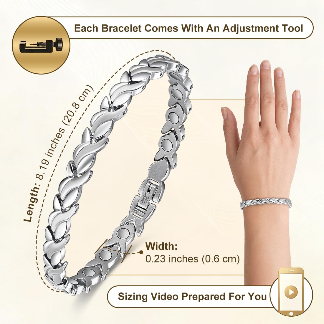 Vicmag Magnetic Bracelet for Women, Titanium Steel Bracelet with Ultra Strength Magnets, Waterproof & Adjustable, Jewelry Gift with Sizing Tool(Silver Fishtail)