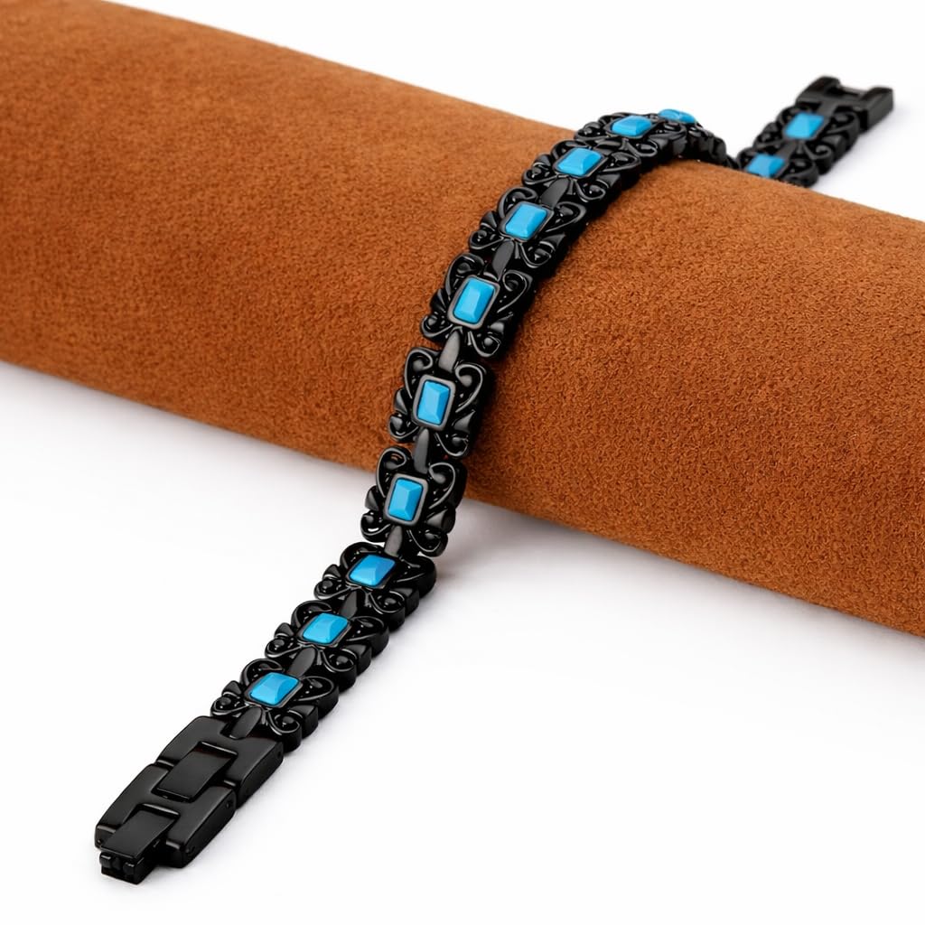 38 Elegant Stainless Steel Blue zircon Magnetic Bracelet for Women Magnetic Functions with Free Link Removal Tool Mother's gift (Black With Blue ziron)