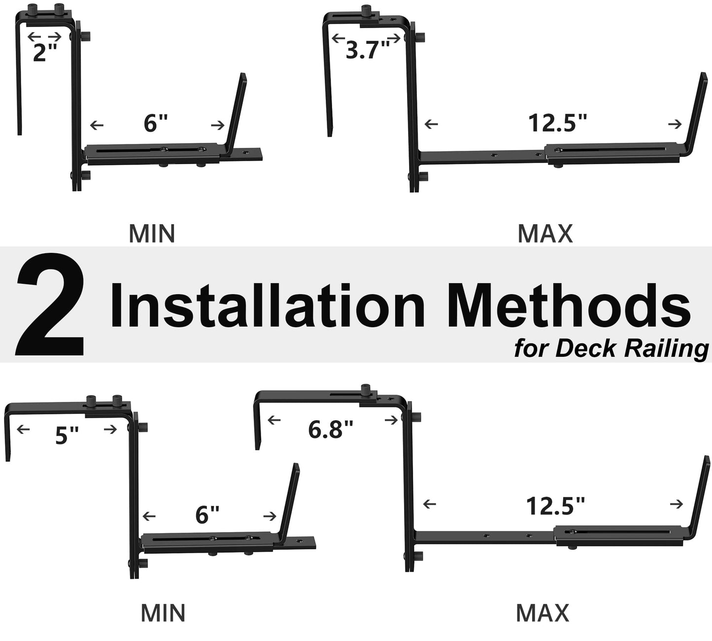 Y&M 6 Pcs Deck Railing Adjustable Planter Box Brackets (6 to 12.5 in), Universal Heavy Duty Iron Flower Box Brackets Wall Mounting Hooks for Fences, Patio, and Garden - Black (Patent Registered)