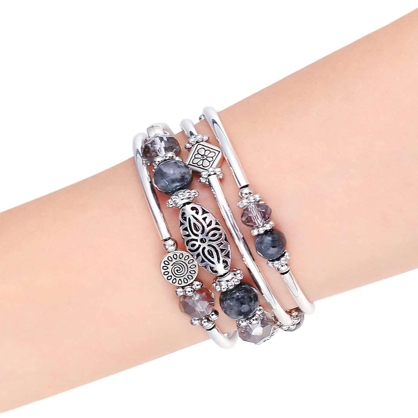 FULU AUTUMN Stackable Beaded Bracelets for Women Boho Wrap Silver Bracelet Layered Fashion Jewelry Gifts for Her(Grey)