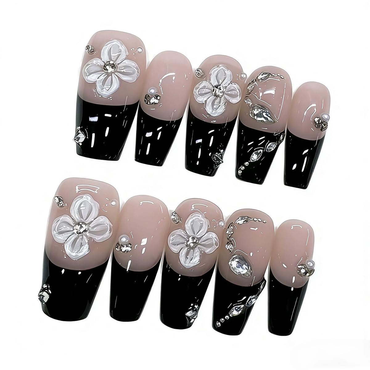 Handmade Press on Nails Coffin Medium False Nails Black French Tip with 3D Flower Designs Rhinestones Charm Cute luxury Sparkly Acrylic Nails for Women (Size M）10pcs