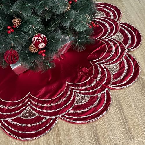 72-Inch Beaded Scalloped Christmas Tree Skirt in Foam-Lined Satin, Button-Loop Closures, Cranberry