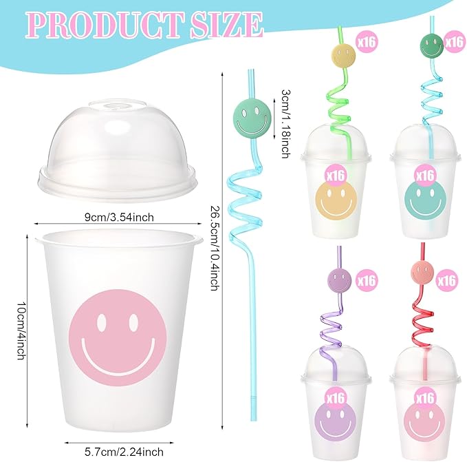 Yaomiao Smile Face Sipper Cups with Straws and Lids, 12 oz Clear Plastic Cups Happy Face Party Cups with Dome Lids Happy Party Favors for Kids, Tea, Coffee, Smoothie, Cold Drinks(64 Pack)