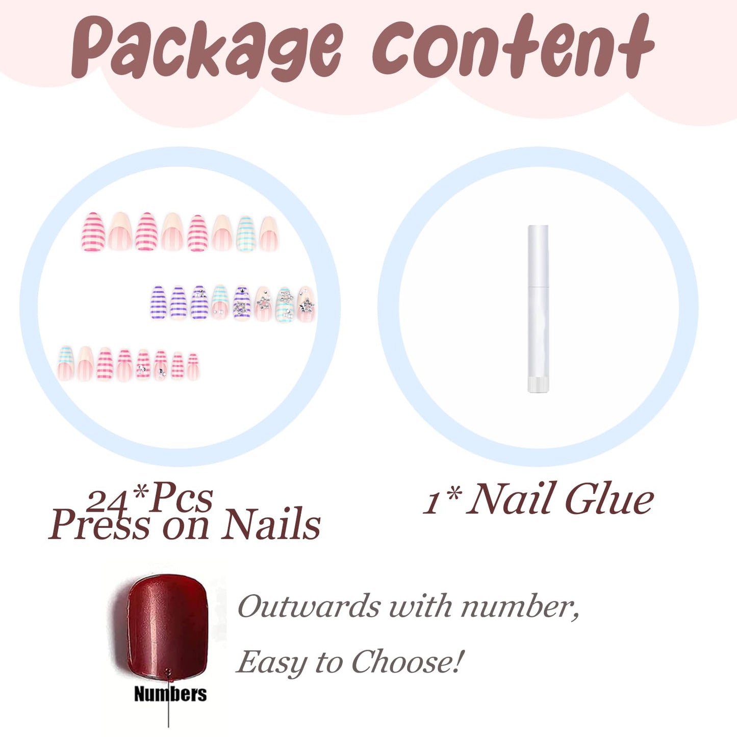 BABALAL Stripe Press on Nails - Medium Almond Fake Nails, Colorful Summer Design with Star Charm, Cute Y2K Salon Manicure Set 24PCS
