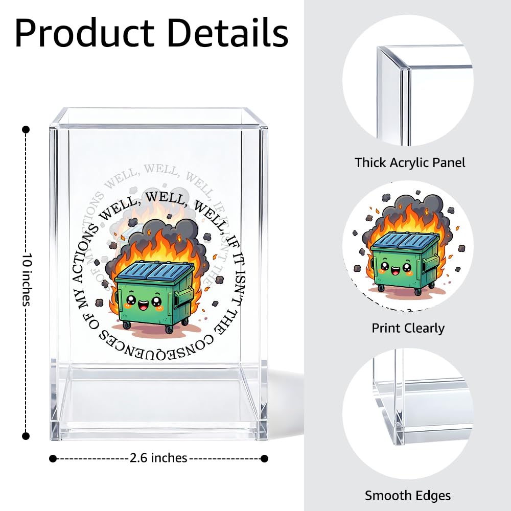 Gkodw Everything is Fine Cosmetic Organizer Pen Holder, Acrylic Desk Holder for Pen Pencil, Office Gifts for Coworker, Dumpster Fire Desk Accessory (Transparent66)