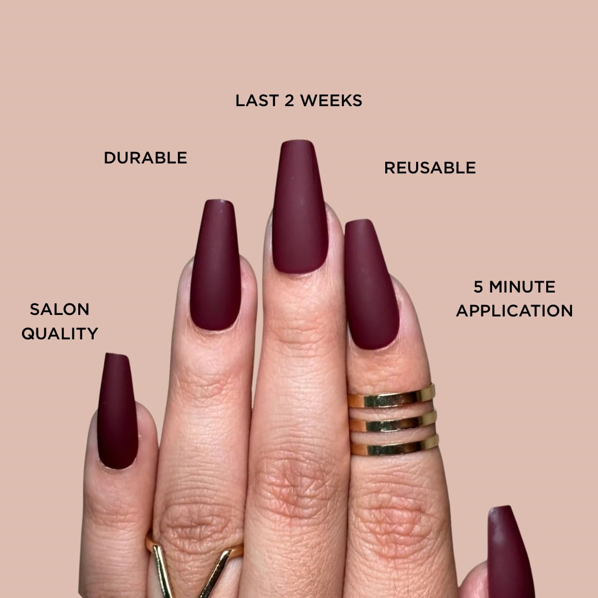 BURGUNDY COFFIN Press-On Nails by Lavaa Beauty | Long Coffin | Matte Burgundy Coffin Nails