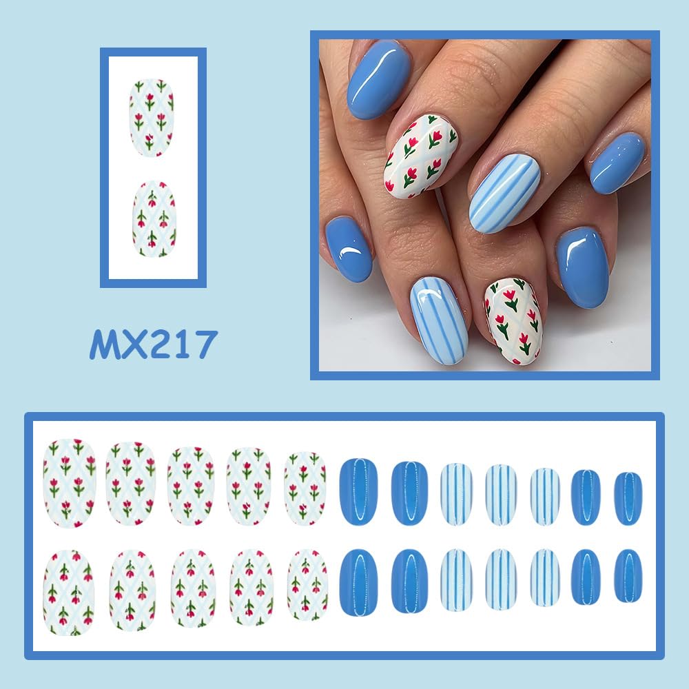 WLGDLH Blue Press on Nails Short Oval Fake Nails, Summer False Nails Press ons Nail Art Tips with Red Flower Stripes Design, White Glossy Finish Glue on Nails Stick on Nail for Women Manicure 24 Pcs