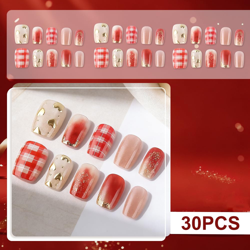 plalely Square Press on Nails Short Red Stripes Fake Nail Cute Embossed Heart Acrylic Nail Press ons Sparkly Glitter Stick on Nail for Women 24pcs