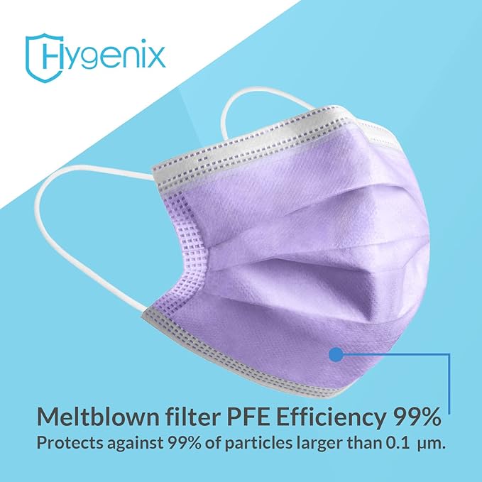 Hygenix Purple 3ply Disposable Face Masks PFE 99% Filter Quality Tested by a US lab (Pack of 50 Pcs)