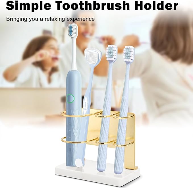 Toothbrush Holder for Bathroom Counter, Metal Toothbrush and Toothpaste Holder Stand with Marble Base for Bath Organizer Countertop, 3 Slots (Gold)
