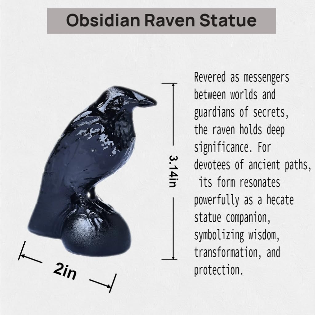 RUIJINGYUAN Black Obsidian Raven Statue 3.15" Large Crow Statue Figurine Healing Crystal Stone Sculpture Reiki Meditation Gothic Home Decor Gift