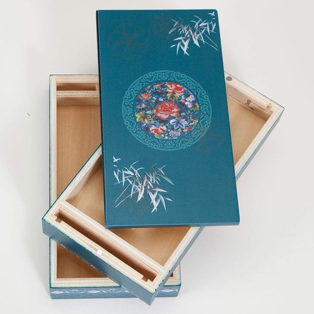 Bits and Pieces 8 Step Secret Puzzle Box Chinese Bamboo Puzzle Gift Box for Trinkets Money Gifts Jewelry, Peony Artwork, Teal Blue Brainteaser, 3.25 x 6.25 x 2 Inches