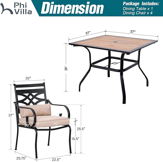 PHI VILLA 5 Pieces Outdoor Dining Set for 4, 37" Square Wood-top Metal Table & Wrought Iron Chairs, All Weather Large Outside Furniture with Cushions & Pillows for Patio, Deck, Porch