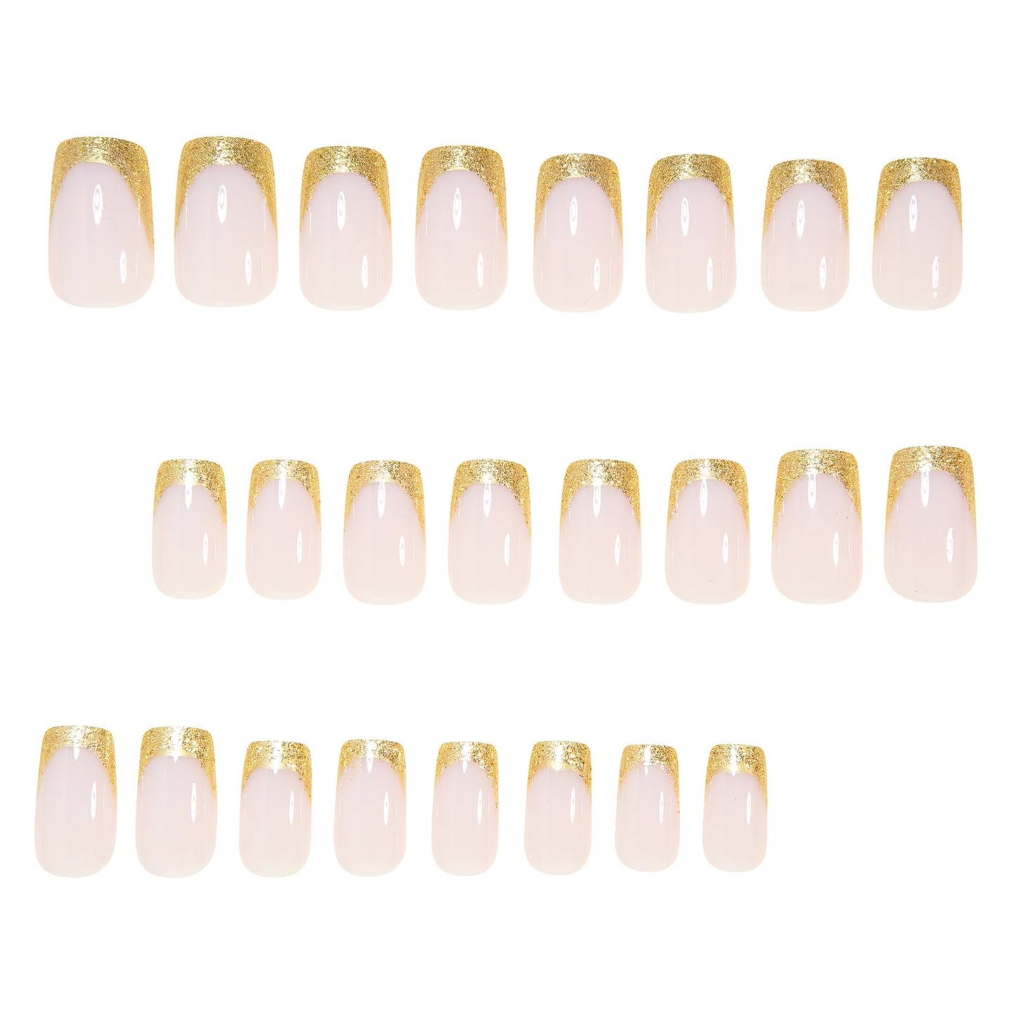 MISUD Press on Nails - Short Square Fake Nails with Bling Gold Glitter, Acrylic French Tip Design 24 pcs