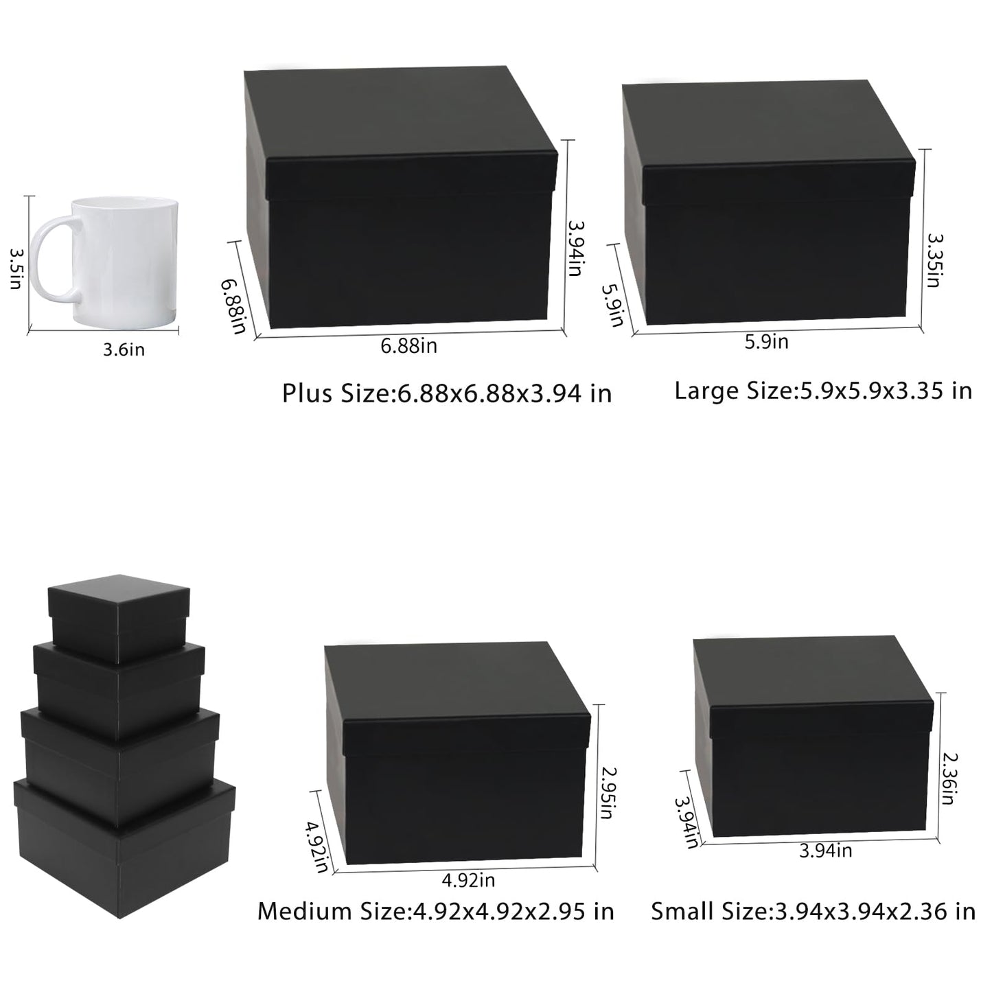NOVELTYBOXUSA Nesting Gift Boxes with Lids 4 Pack,Fancy Square Rigid Gift Boxes for Present Black Stackable Gift Packing Boxes For Groomsmen Proposal Wedding Birthday Baby Showers