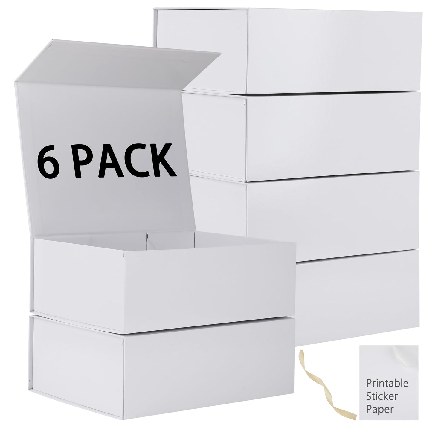 MUMUPACK 6 Pack White Gift Boxes With Lids,12x8x4.5 Inch Bridesmaid Proposal Box And Printable Stickers,Proposal Boxes With Ribbon For Wedding, Packaging, Present, Birthday
