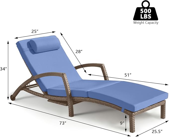 Chaise Lounge Chairs Outdoor Set of 2, Comfy Outside Wicker Patio Pool Lounge Chair w/ 5 Adjustable Back Angle, Cup Holder, Thicken Cushion