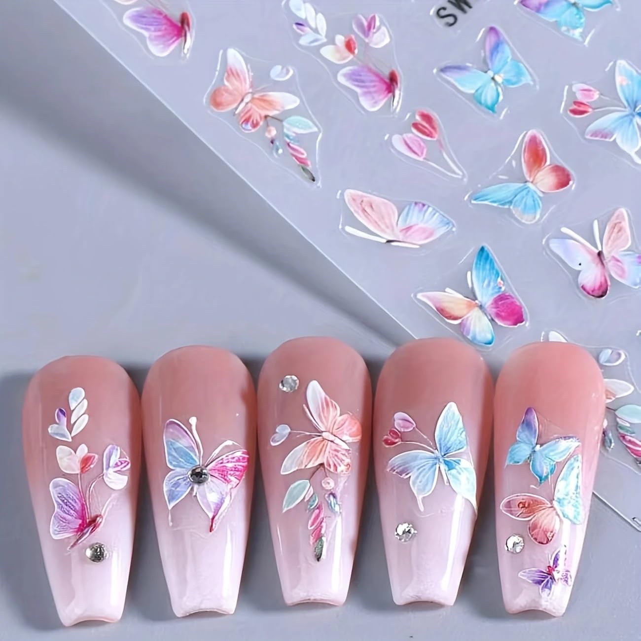 2Pcs 3D Gradient Butterfly Embossed Nail Stickers, Multicolor Butterfly Leaves Nail Decals Cute Spring Summer Manicure DIY Y2K Style Self-Adhesive Gel Decals Sliders Nail Art Decoration Nail Supplies