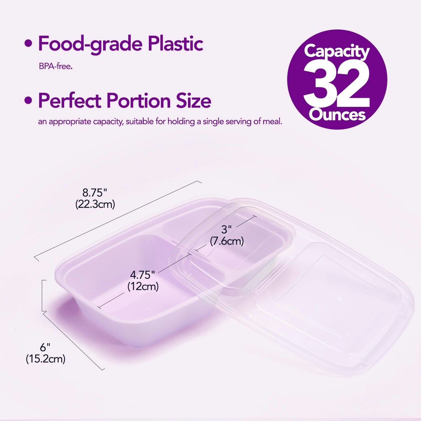 Glotoch 50 Pack Purple Meal Prep Containers Reusable 2 Compartments, Glotoch 32OZ to Go Containers for Food, Disposable Plastic Food Containers with Lids for Microwave Dishwasher Freezer Safe