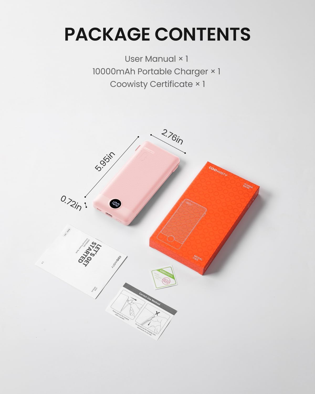 Coowisty Portable Charger Built-in Cables and Wall Plug, 10000mAh Slim USB C Power Bank, LED Display External Battery Pack Compatible with iPhone/Android & More (Pink)