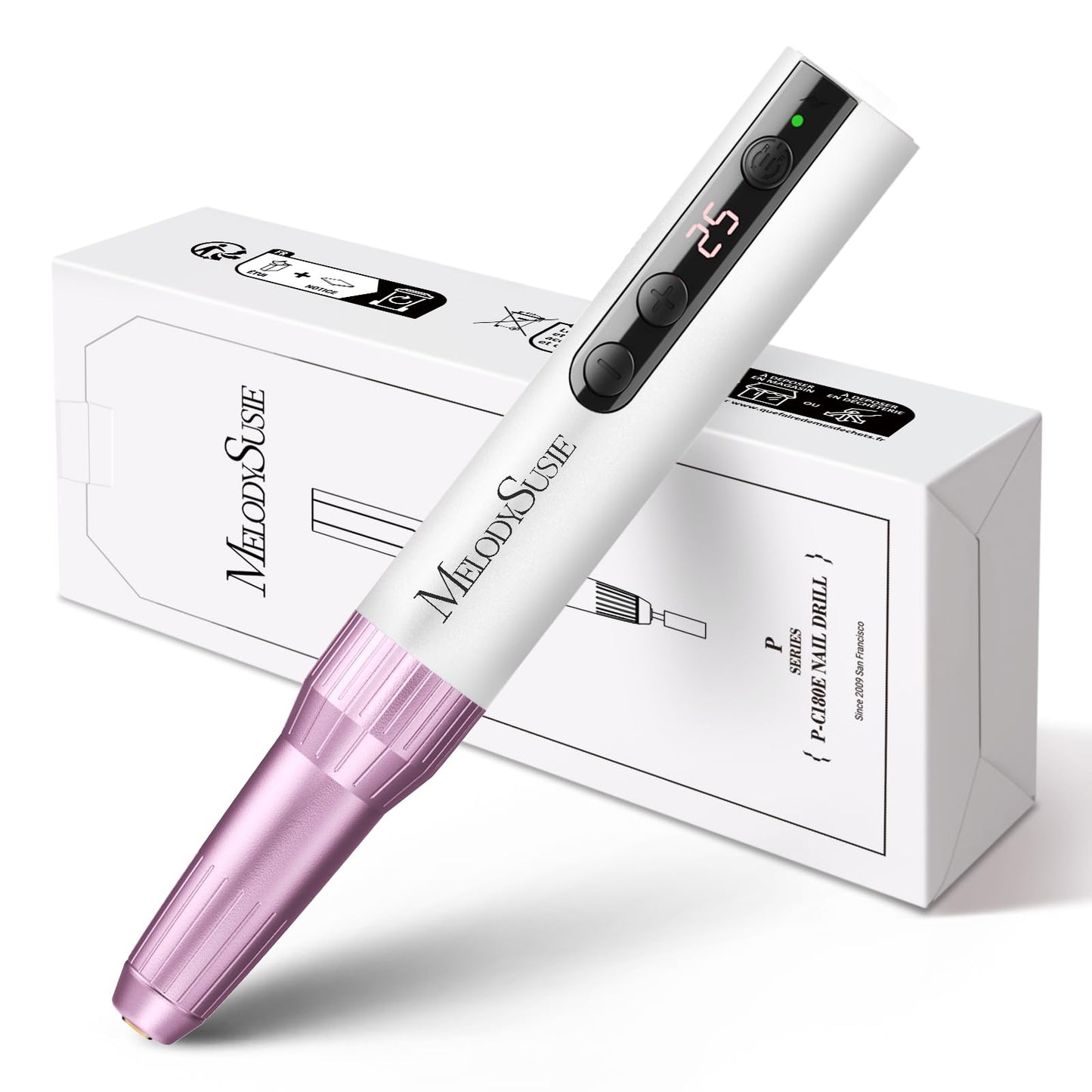 MelodySusie Pen-Shaped Portable Cordless Nail Drill, PC180E 25000RPM Rechargeable Electric File with LED Display for All Nail Care, Manicure Shaping & Acrylic Gel Removal for Nail Artists DIY at Home