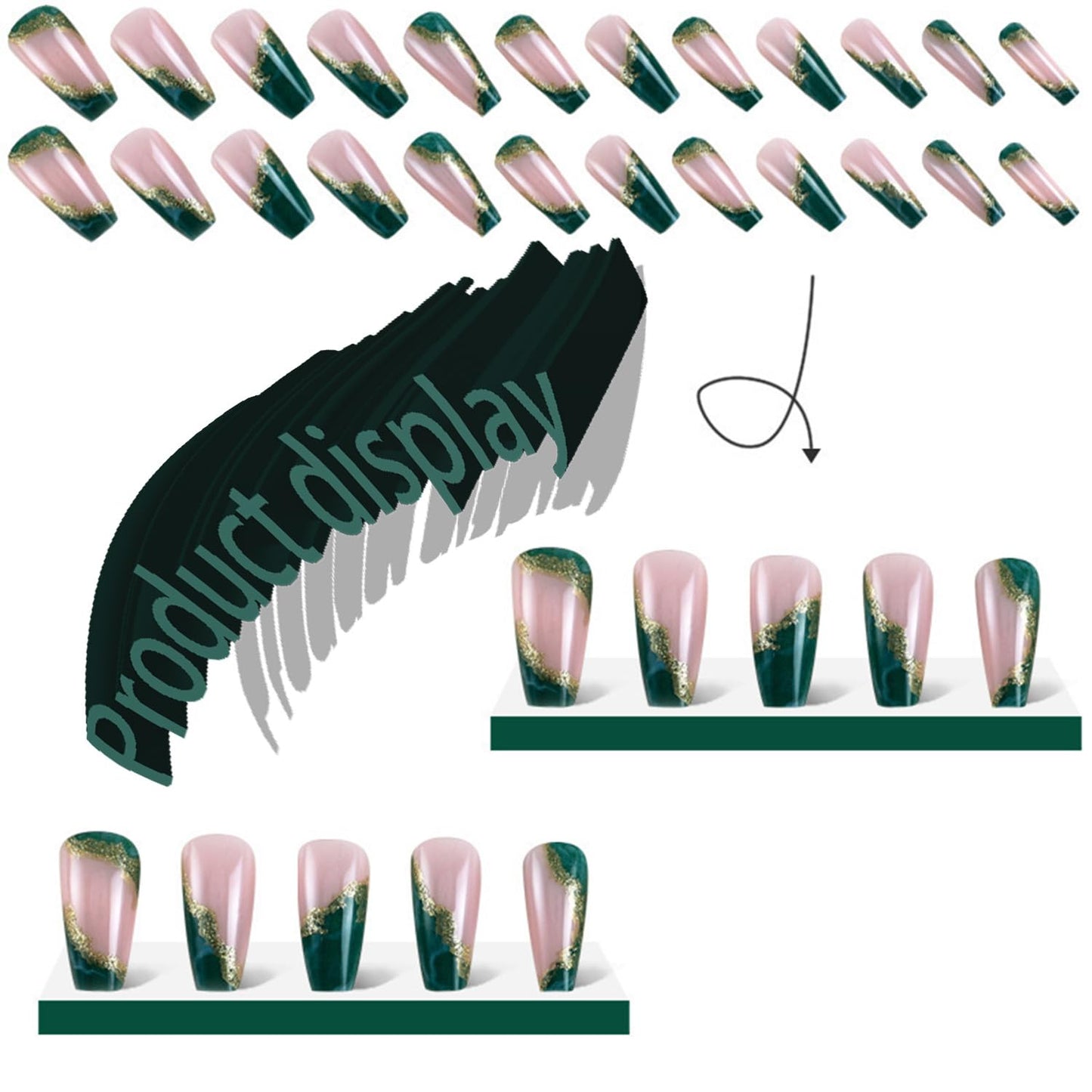 Dark Green Press On Nails - Medium Marble False Nails with Glitter Designs, Glossy Gold Foil, Coffin Shape, Reusable Acrylic, Full Cover Artificial Nails, Glue On, 24pcs