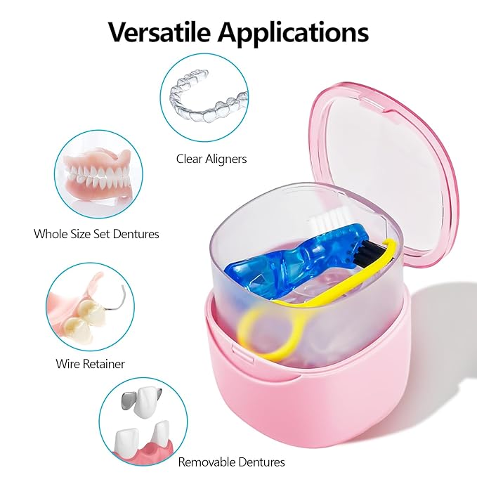Partial Denture Case Leak Proof with Strainer Basket and Brush, Waterproof Denture Cup Retainer Cleaning Bath Case Travel for Dentures, Braces, Night Guard - Pink